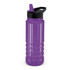A drink bottle in purple with a black lid and a straw. It features a ridged design and has a logo.