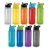 A drink bottle collection featuring various colours: clear, yellow, red, green, blue, purple, and grey, with caps and straws.