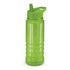 A drink bottle in vibrant green with a straw and cap, featuring a textured grip and a logo.