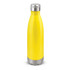 A drink bottle in bright yellow with a stainless steel base and silver cap. It features a logo.