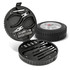 A circular toolkit in a black tyre-shaped case, featuring pliers, screwdriver bits, and various tools.