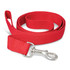 A red dog leash with a sturdy metal clip at one end. The leash is made of durable webbing material and is coiled neatly.
