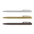 Three metal pens in silver, gold, and black, featuring sleek designs and clip attachments. The pens have a polished finish.