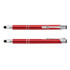 A red metal stylus pen featuring a silver clip and details, with a smooth finish and a logo.