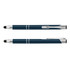 A metal stylus pen in a dark blue finish, featuring silver accents and a clip, with a logo.