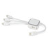 A sleek white Cypher Charging Cable featuring multiple connectors for different devices, with a compact design.