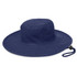 A wide-brim hat in navy blue, featuring ventilation eyelets and an adjustable chin strap.