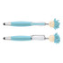 A stylus pen set featuring two pens with a light blue body and playful mop-top design on the top. Each pen has a branding logo.