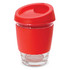 A drink bottle with a transparent glass base and a bright red silicone lid and sleeve. It features a logo.