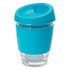 A drink bottle in turquoise with a clear glass base and a silicone sleeve. It features a matching lid with a spout.