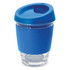 A drink bottle featuring a blue silicone sleeve and lid, with a clear glass base and a drinking spout.