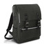 A dark green backpack featuring two front pockets, adjustable straps, and leather accents. It has a logo on it.