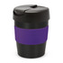 A drink bottle with a black body and a purple silicone band, featuring a secure lid. It includes a logo.