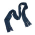 A Nebraska Cable Knit Scarf in a deep blue shade with fringed ends.