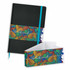 A black notebook with a colourful patterned band, featuring a matching box for packaging.
