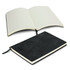 A black soft cover notebook opened to reveal lined pages, with a placeholder ribbon and a logo on the cover.