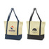 A beige tote bag with navy and black accents, featuring two different logo designs on each side.
