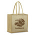 A natural jute tote bag in beige with a logo featuring a parrot and tropical design.
