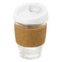 A drink bottle with a transparent glass body and a white lid features a cork band wrapped around its midsection.