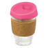 A drink bottle featuring a glass body, a cork band for grip, and a bright pink silicone lid.