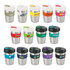 A range of reusable coffee cups in various colours with silicone bands and lids, all featuring different logos.