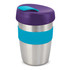 A drink bottle with a stainless steel body, purple lid, and turquoise silicone band. It features a logo.