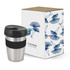 A drink bottle with a stainless steel body, black silicone band, and a dark lid, beside a decorative box.