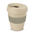 A drink bottle featuring a speckled natural finish with a green silicone band and a lid. It has a compact design.