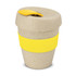 A drink bottle with a natural beige finish and a yellow silicone band, featuring a lid design.