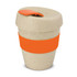 A drink bottle in a beige finish with an orange silicone band and a matching lid, featuring a logo.