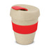 A drink bottle in a natural beige colour with a red silicone grip and lid. It has a logo on the side.