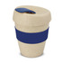 A drink bottle featuring a natural-coloured exterior with a navy blue band and lid.
