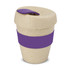 A drink bottle with a cream speckled body, a purple grip band, and a matching purple lid. It features a logo.