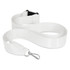 A white ribbon lanyard with a plastic clip and a hook for attachment.