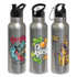 A drink bottle featuring a stainless steel finish, with various colourful designs and a black lid and spout.