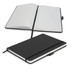 A black notebook with a solid cover, featuring blank pages and a ribbon marker. It has a branding logo.