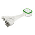 A white charging cable with a green connector, featuring USB, Micro USB, and Lightning ends. It has a branding logo.