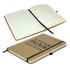 A brown notebook with lined pages and an elastic closure, featuring a logo on the cover.