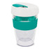 A drink bottle featuring a clear body, teal band, and a white lid. It includes a logo. Holds 330ml.