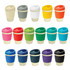 A drink bottle collection featuring various colours, including beige, grey, white, yellow, pink, green, blue, purple, and black, with lids.