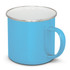 A blue enamel mug with a silver rim and a sturdy handle. It features a logo on one side.
