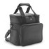 A black cooler bag featuring a zippered front pocket and sturdy handles, with an adjustable shoulder strap.