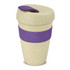 A drink bottle featuring a natural-coloured body, purple band, and a purple lid. It has a logo on the side.