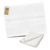 A white cotton tea towel with a folded corner, accompanied by a set of colouring pens.