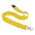 A yellow cotton lanyard with a clips attachment and an adjustable buckle.