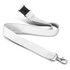 A soft touch lanyard in white, featuring a plastic clip and a metallic snap hook. It includes a logo.