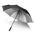 A black umbrella with a grey underside and a black handle, featuring a logo on the shaft.