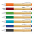 A collection of bamboo twist pens in various colours, featuring textured grips and metal clips.