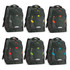 A collection of six green Summit Backpacks with various coloured accents in yellow, orange, red, and blue.