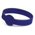 A deep blue silicone wristband with a debossed circle design, featuring a logo.
